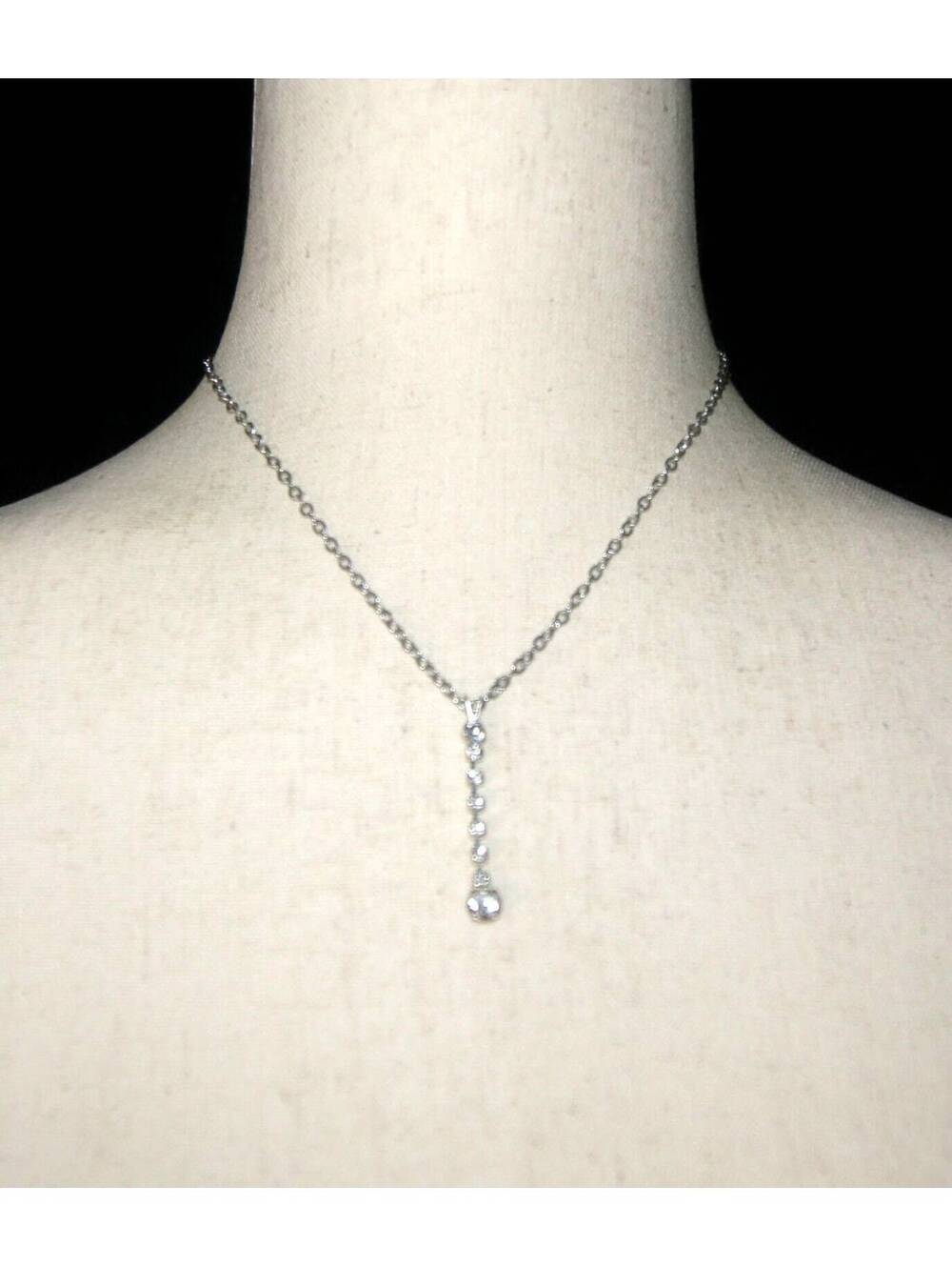 Vintage Silver Tone Rhinestone Y Necklace, Adjustable (16-19 Inch)